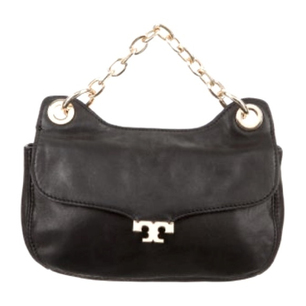TORY BURCH MEGAN MINI BLACK LEATHER BAG WITH GOLD CHAIN EEEUC